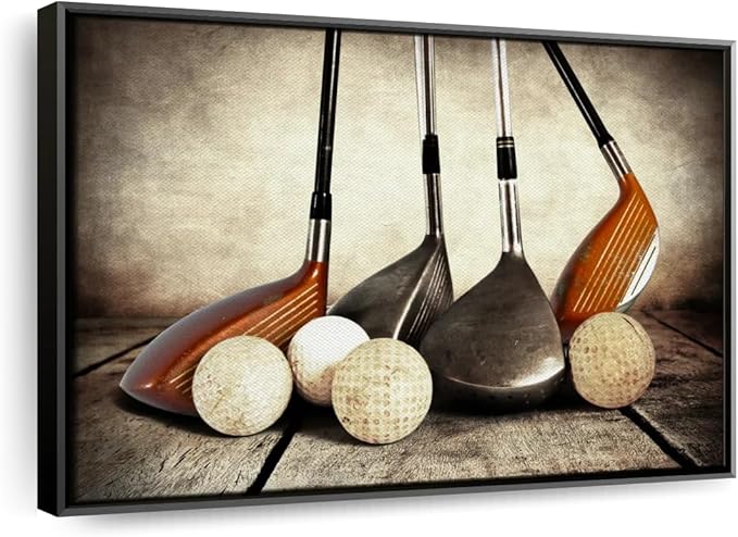 Elephant Stock Golf Sets Wall Art - Horizontal Framed Canvas - 1-Piece Mancave Wall Decor - Photography Sports Canvas Print - Yellow and Brown Decor for Wall - 19" X 13"
