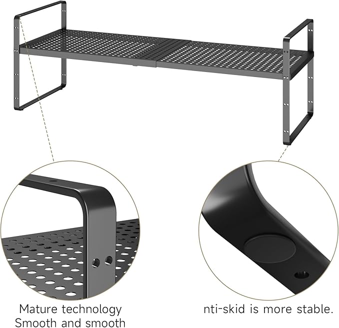 Hole Pattern Expandable Shelf Organizer,2Pack 8.1" Wide Easy to Assemble Cabinet Organizer Shelf, 16.5~27.1" Adjustable Height&Stackable Spice Organization for Cupboard, Black