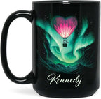 Customized Name Coffee Cup, Custom Hot Air Balloon Mug With Heart-Shaped, Personalized Northern Lights Ceramic Mug, Gift For Couples On Valentine's Day, Love Black Cup 11oz Or 15oz