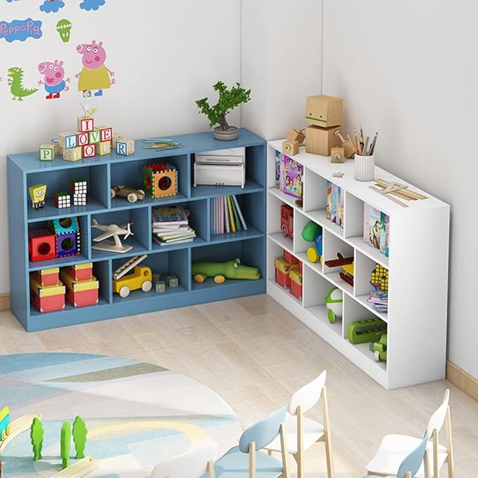 IOTXY Open Shelf Low Bookcase - Wooden 3-Tier Floor Standing Display Cabinet Organizer with Base, 10 Cubes Short Horizontal Bookshelf in Pear Yellow