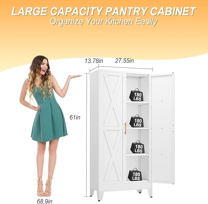 61" H Metal Kitchen Pantry Storage Cabinet, Freestanding Cupboard with 2 Doors and 3 Adjustable Shelves, Standing Storage for Kitchen, Bathroom, Garage, Dinning Room or Utility Room（White）