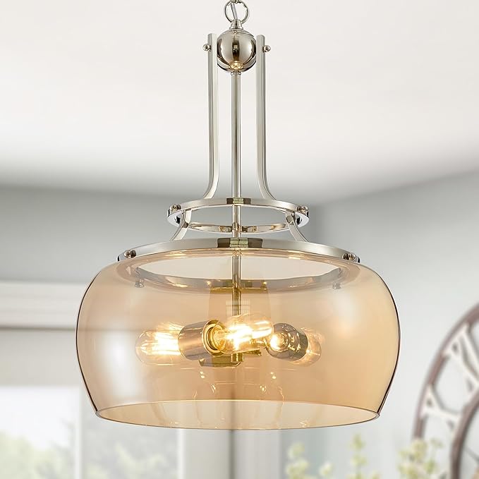WUZUPS Nickel Chandelier Rustic Farmhouse Industrial Round Ceiling Pendant LED Light Fixture with Amber Glass Shade for Dining Room Kitchen Island Foyer Entryway, H 20.9" W 15.9", E26 Base