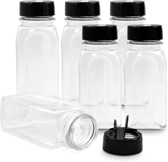 RoyalHouse - 6 Pack 14 Oz Plastic Spice Jars with Black Cap, Clear and Safe Plastic Bottle Containers with Shaker Lids for Storing Spice, Herbs and Seasoning Powders, BPA Free, Made in USA