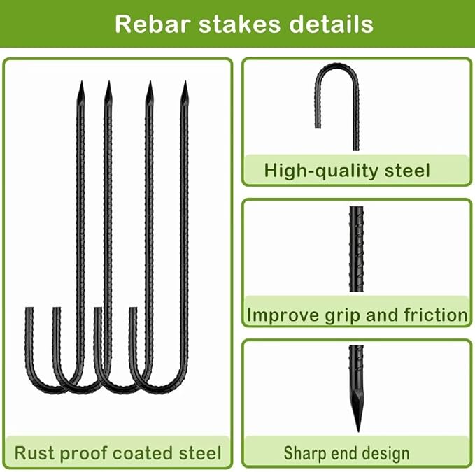 Rebar-Stakes-12-Inch, Ground Stakes Heavy Duty J-Hook Black Coated Anti-Rust Heavy Duty Ground Anchors for Garden Dog Fence Chicken Coop Christmas Decorations Deer Fence 20pcs