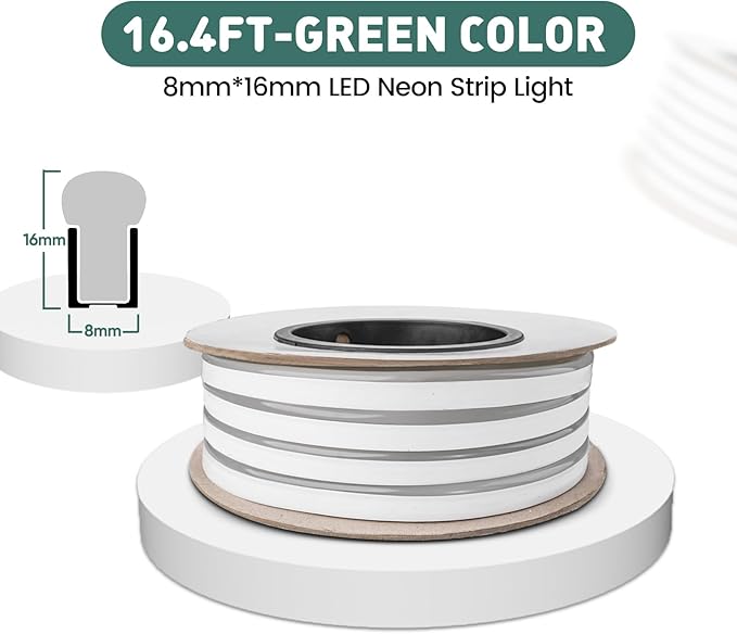 GZBtech Flexible LED Neon Rope Lights 16.4FT,AC 110-120V Waterproof Strip Light, 120 LEDs/M Cuttable Connectable Neon Lighting for Indoor Outdoor Home Decor/Commercial Building Use-Green 5M