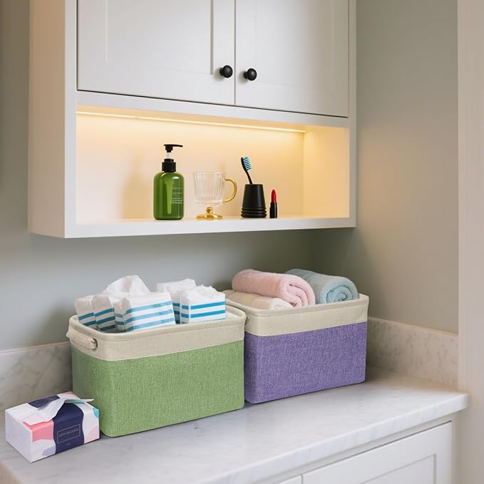 BALEINE 3 Pack Fabric Storage Bins for Shelves, Linen Storage Baskets for Organizing, Decorative Closet Bins for Clothes, Home (Black, 12"x8"x8")