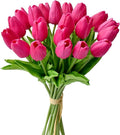 Mandy's Artificial Tulips 20 Stems Hot Pink PU Faux Flowers for Wedding Home Decor 13.5 Inch
