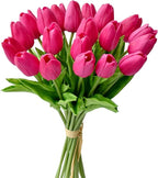 Mandy's Artificial Tulips 20 Stems Hot Pink PU Faux Flowers for Wedding Home Decor 13.5 Inch