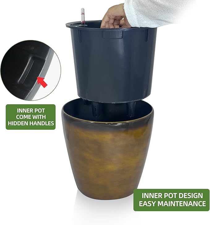 Dexceder 15x14 Self Watering Planter with Wheels Indoor Outdoor, Inner Pot Design, Thickened Large Floor Standing Flower Plant Pot with Water Level Indicator (Yellow Brown Gradient)