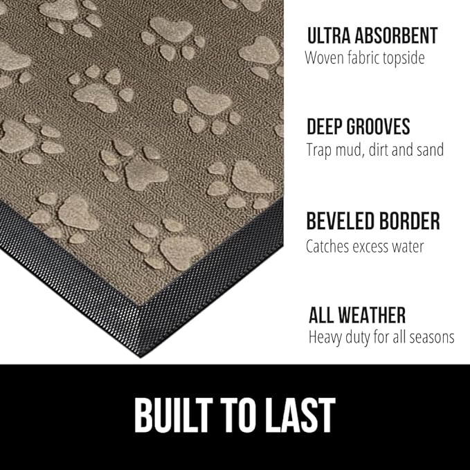 GORILLA GRIP 100% Waterproof All-Season WeatherMax Doormat US Designed Natural Rubber, Stain and Fade Resistant, Low Profile Indoor Outdoor Door Mats, Easy Clean Patio Mat, 17x29, Tan Pawprints