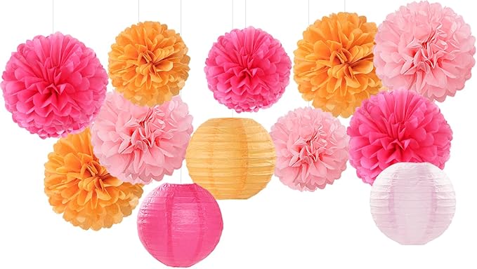 Pink-Orange Party-Decorations Paper-Flowers Lanterns - 15PCS Fall Wedding Birthday Tissue Pom Poms Streamers, Boho Baby Bridal Shower Graduation Sunset Hanging Supplies Decor Hugfond