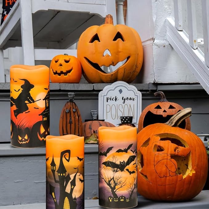 Wondise Halloween Flameless Flickering Candles with 6hrs Timer, Battery Operated Candles with Halloween Decals Real Wax LED Pillar Candles for Halloween Home Table Decor (3 x 6 Inches), Orange