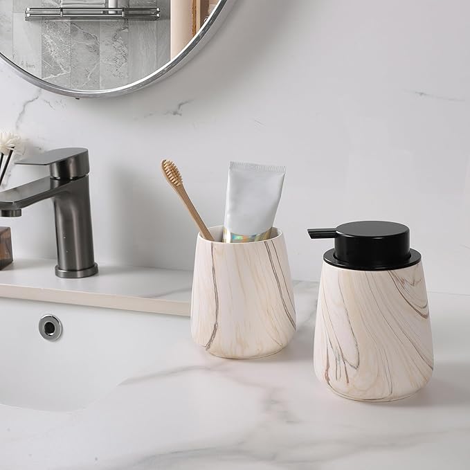 2Pcs Toothbrush Holder for Bathroom - Marble Brown Ceramic Tooth Brushing Holders Set, Toothbrush Cup & Toothpaste Organizer for Bathroom Countertop, Makeup Brush Holder, Pen Holder for Home Storage
