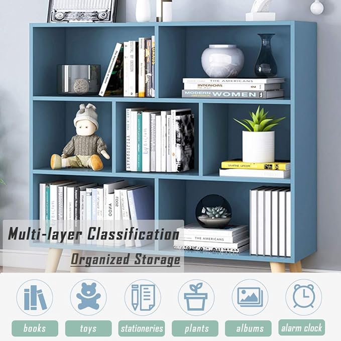 IOTXY Wooden Open Shelf Bookcase - 3-Tier Floor Standing Display Cabinet Rack with Legs, 7 Cubes Bookshelf, Bright Blue