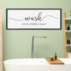 SRSZHIYUE Wash Your Worries Away Bathroom Sign Wall Art 32"×12" Funny Restroom Toilet Large Wood Framed Hanging Decor (Black)