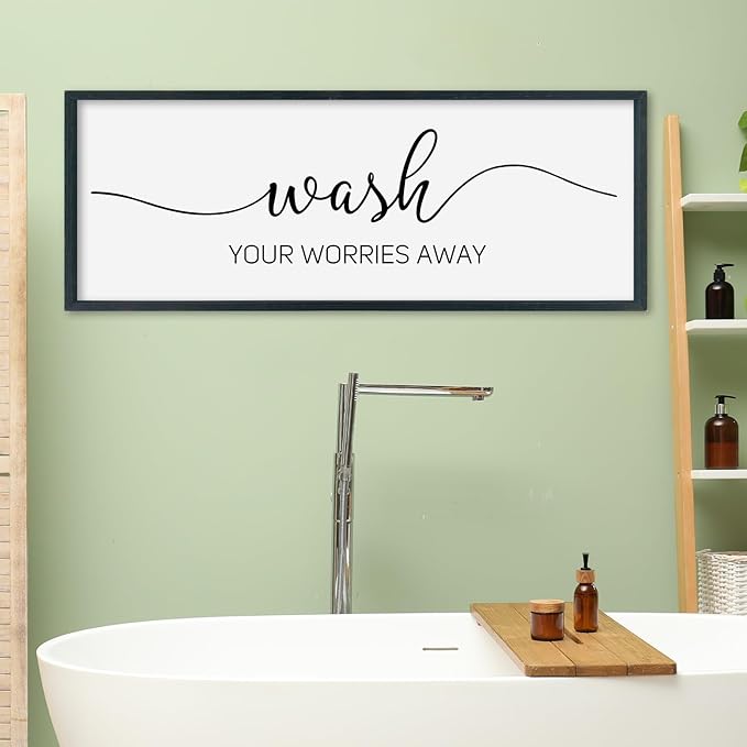 SRSZHIYUE Wash Your Worries Away Bathroom Sign Wall Art 32"×12" Funny Restroom Toilet Large Wood Framed Hanging Decor (Black)