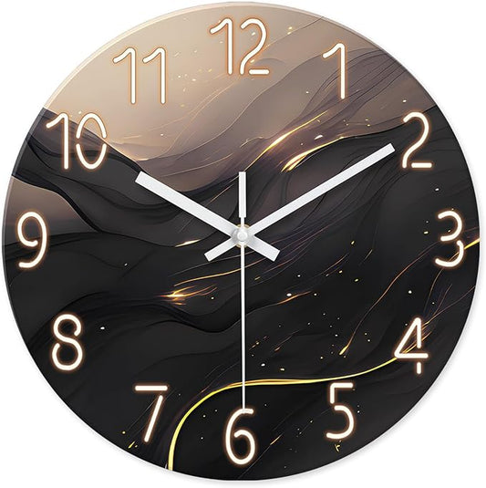 Large Wall Clocks Battery Operated 16 Inch Marble Glass Wall Clock for Living Room Black and Glod Wall Clock Silent Non Ticking