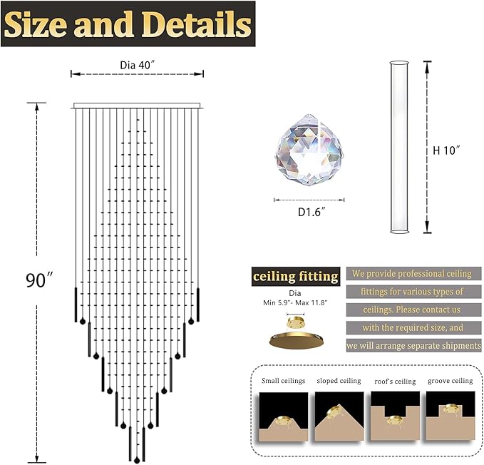 Flashing God 40''X90 High Ceiling Chandelier Crystal Raindrop Gold Chandeliers Staircase Large Chandelier Villa Entrance Foyer Pendant Light Foyer High Ceiling Light 15 GU10 Bulb Dimming