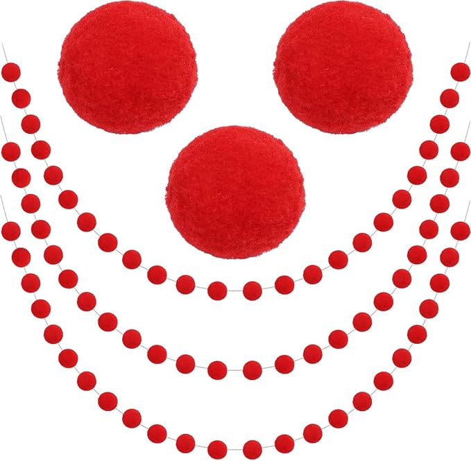 Jishi 3Pk Red Felt Berry Pom Pom Ball Garland Christmas Decorations Indoor Home Decor, Cute Red Berry Christmas Tree Ornaments, String of Pompom Bead Garland Hanging Xmas Holiday Birthday Party Banner