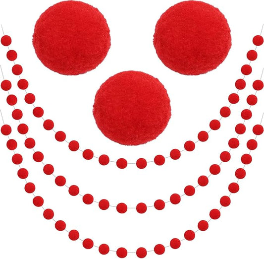 Jishi 3Pk Red Felt Berry Pom Pom Ball Garland Christmas Decorations Indoor Home Decor, Cute Red Berry Christmas Tree Ornaments, String of Pompom Bead Garland Hanging Xmas Holiday Birthday Party Banner