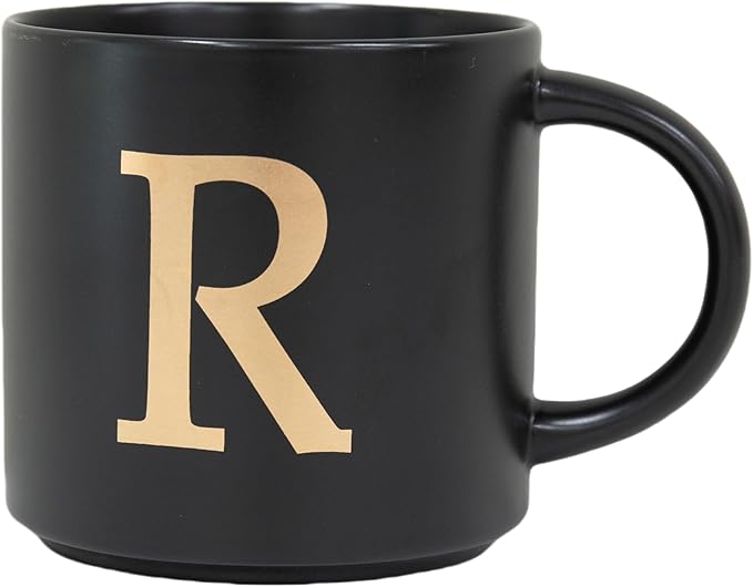 COLLECTIVE HOME - Monogram Ceramic Mugs, 15 oz Golden Initial Black Coffee Cups, Elegant Alphabet Tea Mugs, Elegant Personalized Mug with Gift Box, Unique Mug with Double Side Capital Lette (R)