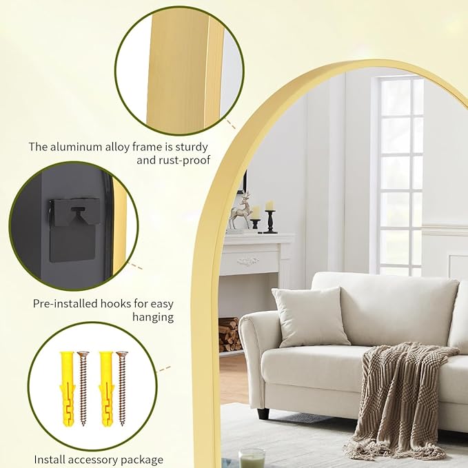 BEAUTYPEAK Wall Mounted Mirror, 26 inch x38 inch Arch Bathroom Mirror, Gold Vanity Wall Mirror w/ Metal Frame for Bedroom, Entryway, Living Room