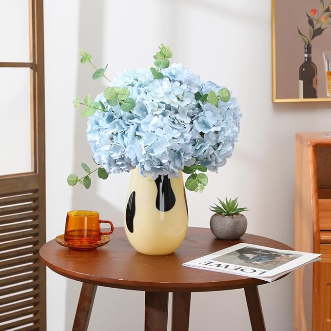 Tifuly Hydrangea Artificial Flowers -12 pcs Realistic Fake Hydrangea Silk Flowers with Stems Faux Hydrangea Flowers Heads for Office Home Party Wedding Centerpiece DIY Floral Decor (Light Blue)