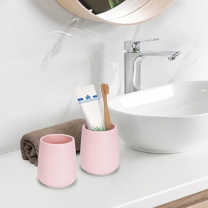 Bathroom Tumbler Cup Ceramic 13.5oz Reusable Toothbrush Cup 400ml,Toothbrush Holder Adequate for Your Bathroom (Pink)
