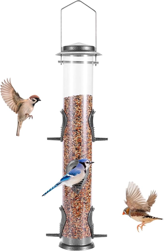 MIXXIDEA 1PK Metal Bird Feeders with 6 Feeding Ports,Tube Bird Feeder with Steel Hanger,Hard Plastic Wild Bird Feeder for Outdoors Hanging, Attracting Birds in Your Lawn, Garden, Balcony-Grey
