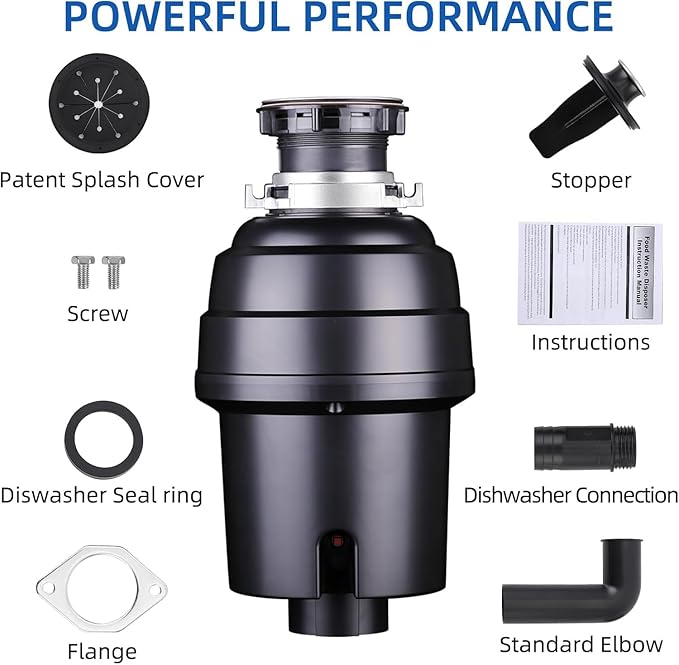 Powerful 1HP Stainless Steel Garbage Disposer, Dishwasher-Friendly and Continuous Feeding Waste Disposer, Grinding Material Four-Stage Grinding, Black
