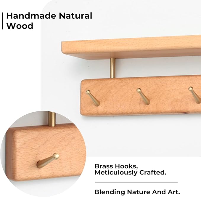 Shelf with Hooks, Solid Wood Bedroom Shelves for Wall, Wooden Coat Rack Wall Mount for Bathroom, Kitchen, Door Entryway (Beech, 30cm/11.81inch)