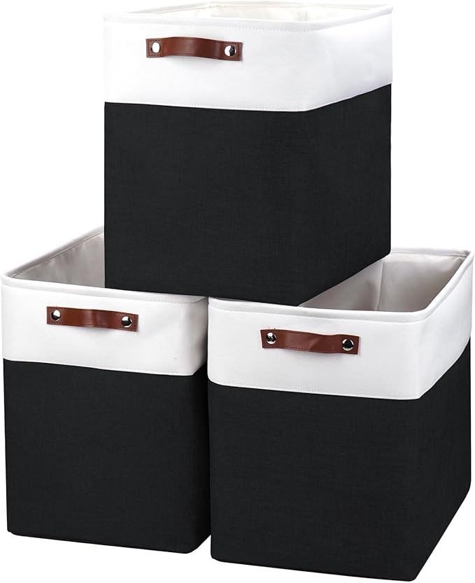 Large Fabric Storage Baskets | 50L Storage Bins, Decorative Linen Closet Baskets with Handles for Organizing, Shelf, Toys, Clothes, Home, Office, Nursery, 17x12x15Inches (Black&White)