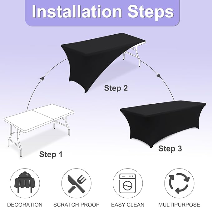 ABCCANOPY 6 FT Black Spandex Table Cover Wrinkle Resistant Fitted Stretch Tablecloth Reuse for Rectangular Folding Table Patry Event Wedding Banquet Protector 2 Pack