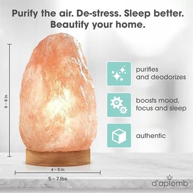 d'aplomb 100% Authentic Natural Himalayan Salt Lamp; Medium Hand Carved Natural Chunk Pink Crystal Rock Salt from Himalayan Mountains; Dimmer Cord; 7 lbs