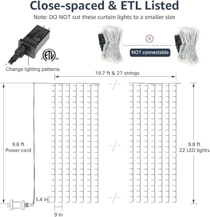 Lighting EVER 594 LED Curtain Lights, 20 x 10 ft Plug in Hanging Fairy String Lights, Wedding Party Backdrop Lights, Window Twinkle Lights for Wall, Patio, NOT Connectable (27 Strings, 9" Apart)