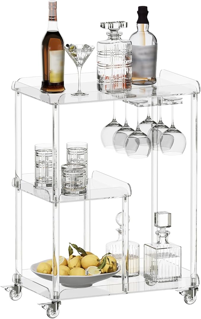 HMYHUM Acrylic Bar Cart with 4 Lockable Wheels, 3 Tier Clear Serving Cart with Glass Holder, Rolling Beverage Cart for Home, Kitchen, Dinning Room, 23.6''D x 15''W x 32.3''H