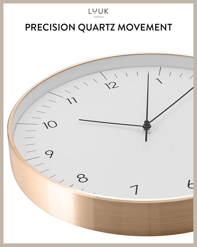 LUUK LIFESTYLE Silent Quartz Wall Clock, Nordic and Minimalist Design, Interior Decoration for Living Room, Kitchen, Bedroom, White and Gold