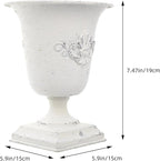 POPETPOP Tall Urn Vase Retro White Metal Urn Planter Pedestal Flower Pot Rustic Farmhouse Flower Holder for French Country Style Home Table Centerpiece Decor，5.9x5.9x7.47 inches