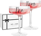 Ribbed Coupe Glasses for Anniversary Engagement Wedding Bridal Shower Gifts for Couple, Crystal Martini Glasses Set of 2, 10 Oz Vintage Wedding Mr and Mrs Champagne Flutes, Margarita Cocktail Glasses