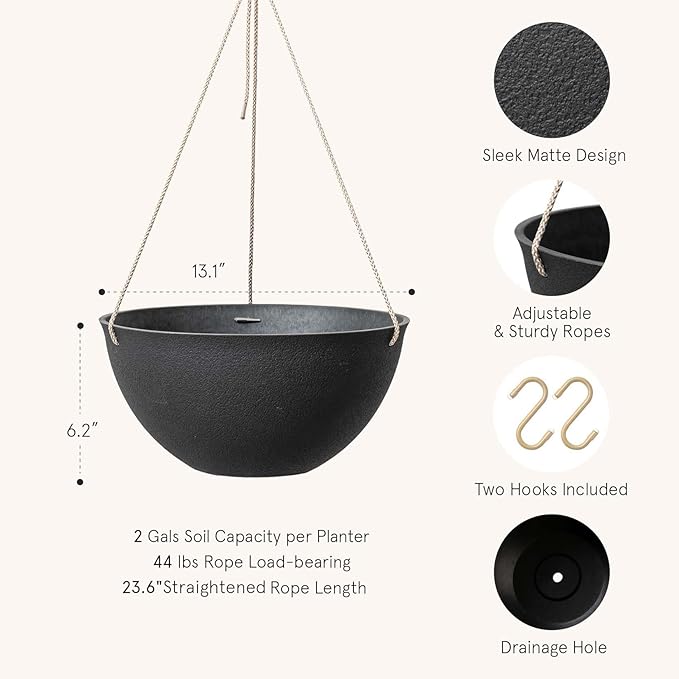 LA JOLIE MUSE Hanging Planters for Outdoor Plants, Large Hanging Planter with Drain Holes, Black Hanging Flower Pots (13.2 Inch, Set of 2)