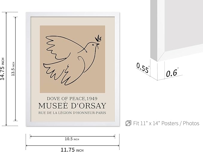 Poster Master Vintage Poster - Retro Minimalist Print - Gift for Artist, Friend - Dove Of Peace, Line Drawing, Sketch, Abstract - Wall Decor for Living Room, Bedroom, 11x14 White Framed