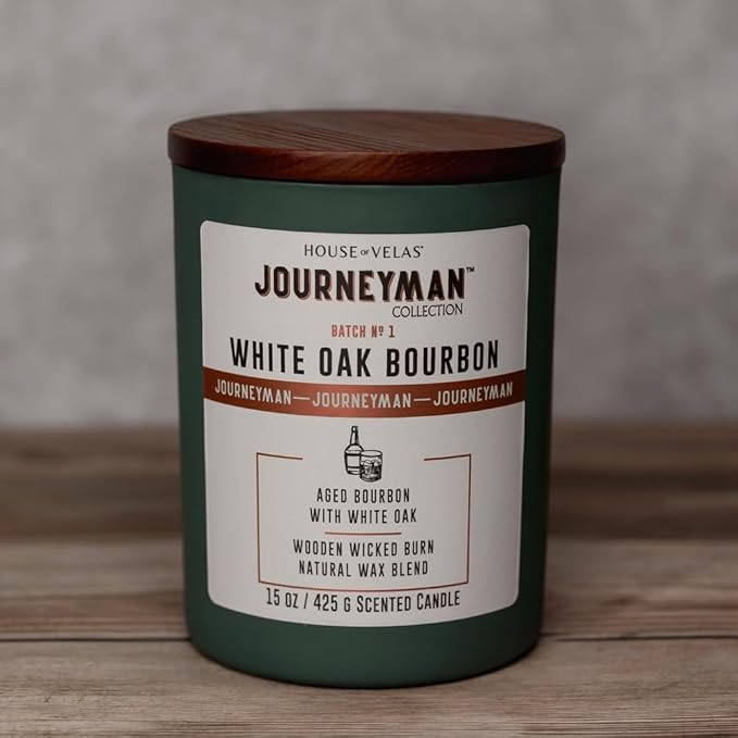 Journeyman Collection Candle, 15oz, Wooden Wick, White Oak Bourbon, Large Painted Jar