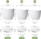 10/9/8 inch Medium Flower Pots, 3 Pack Modern Decorative Plastic Planters with Drainage Holes and Tray, Plant Pots for Indoor Outdoor Plants, White