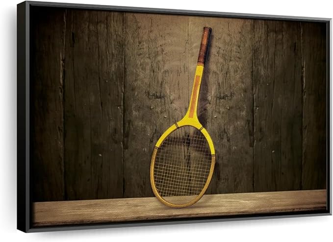 ElephantStock Vintage Tennis Racket Wall Art - Horizontal Framed Canvas - 1-Piece Living Room Wall Decor - Photography Sports Canvas Print - Brown and Black Decor for Wall - 25" X 17"