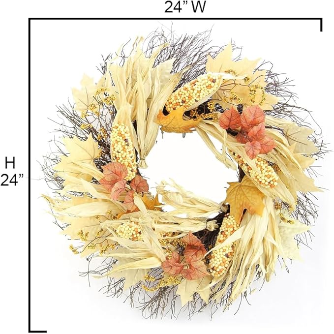 Admired By Nature Autumn Corn Husk Wreath - 26" Natural Fall Color Artificial Wreath - For Home Decor, Offices, Weddings, Events, Parties, Thanksgiving