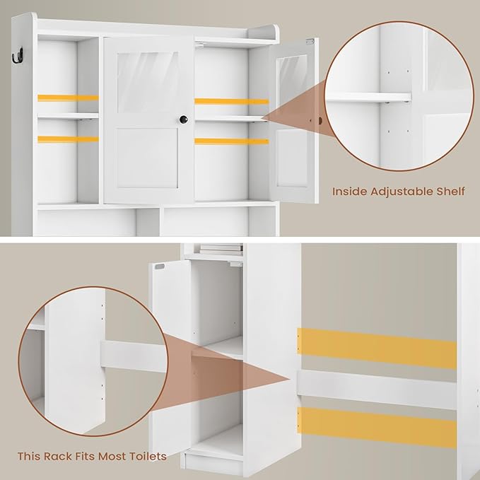 Itaar Over The Toilet Storage Cabinet, Over Toilet Bathroom Organizer with Glass Doors & Toilet Paper Holder Stand, Home Space-Saving Toilet Rack, for Bathroom, Restroom, Laundry(White)