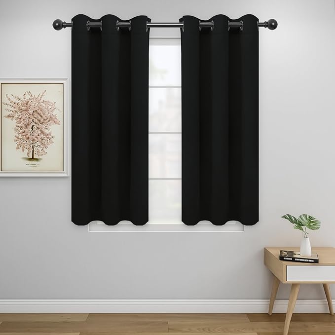 Easy-Going Blackout Curtains for Bedroom, Solid Thermal Insulated Grommet and Noise Reduction Window Drapes, Room Darkening Curtains for Living Room, 2 Panels (34x45 in, Black)