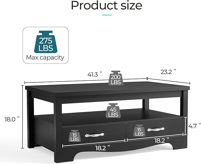 LINSY HOME Farmhouse Coffee Table with Storage, Wood Coffee Table for Living Room, Open Display Area and Storage Drawers with Metal Handles, Chic Style with Curved Base, Black