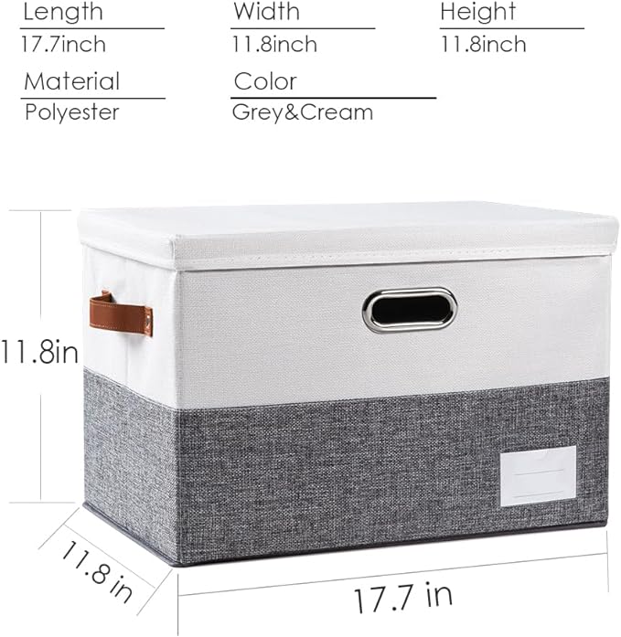 PRANDOM Foldable Storage Bins with Lids [3-Pack] Fabric Collapsible Storage Boxes Baskets Cubes Containers with Handles for Closet Living Room Bedroom (Grey & White 17.7x11.8x11.8'')