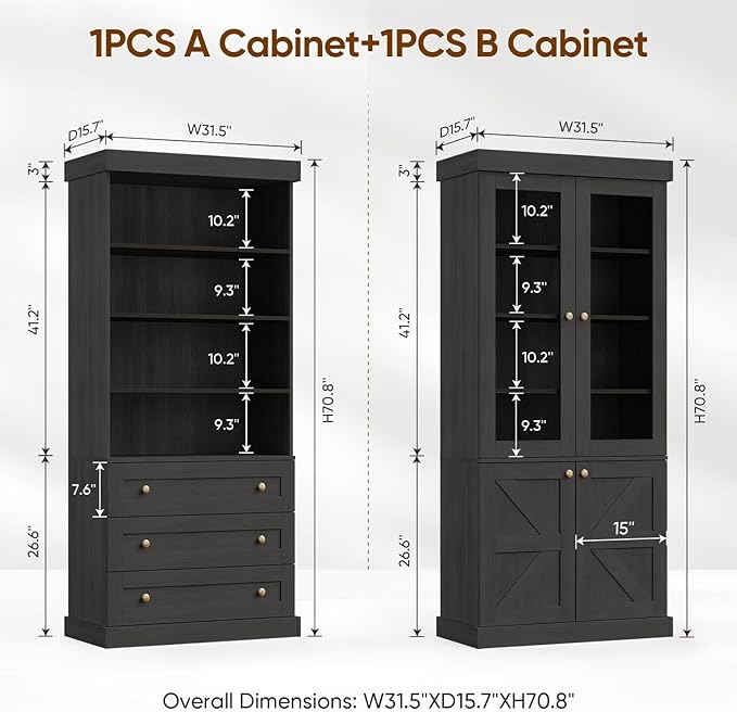 Vyre 71" Tall Farmhouse Bookshelves with Glass Doors and Drawers, Set of 2 – Large Modular Bookcase with Adjustable Shelves, Storage Cabinet for Living Room, Kitchen, Black